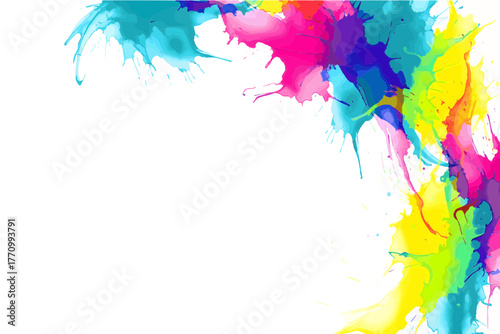 Vibrant Watercolor Ink Splash Corner Frame with White Copy Space