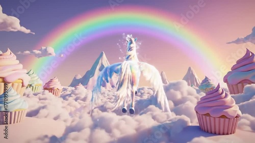 Fantasy image of a unicorn with rainbow mane and tail flying through the clouds with a rainbow in the background