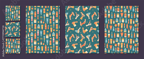 Flat seamless sunscreen bottle pattern set with cream, lotion, spray, tube, sunblock and cosmetic product. Sunscreen and SPF bottle hold sun care, in a summer flat seamless concept.