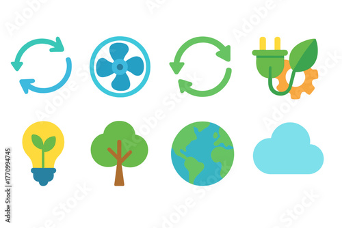 Eco, environment flat icon set. Green energy, sustainability symbols.