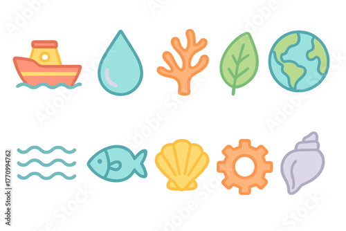 Ocean life flat icon set. Sea, nature, marine, ecosystem icons flat collection.
