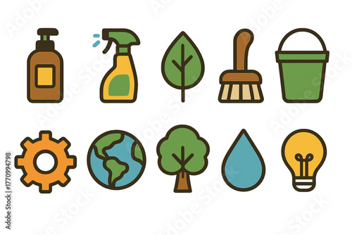 Eco, cleaning, environment flat icon set. Sustainable lifestyle icons collection