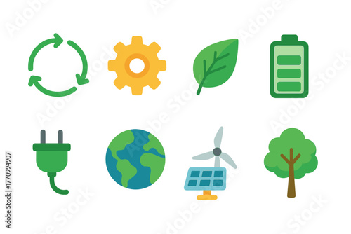 Eco-friendly, sustainability flat icon set. Renewable energy and green technology icons.
