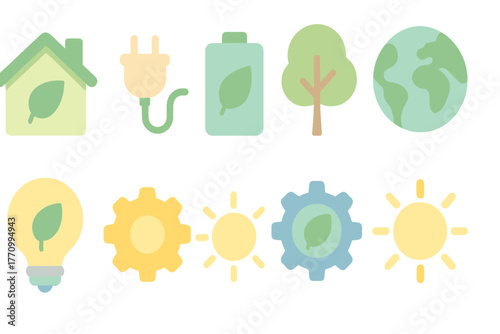 Eco-friendly, renewable energy icon set. Flat icons for sustainability and environment