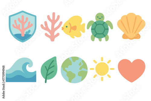 Marine life flat icon set. Ocean, environment, nature flat icons for eco-friendly design