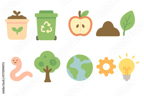 Sustainable living flat icon set. Eco-friendly, recycling, green lifestyle icons.