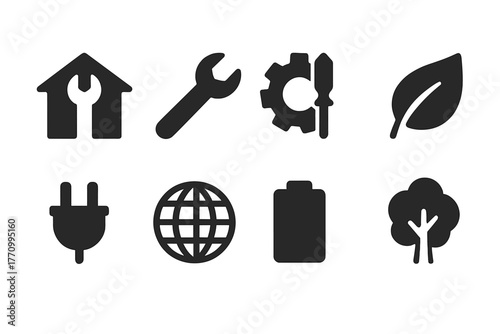 Maintenance and environment solid icon set. Home, tools, ecology, energy icons collection