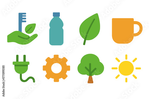 Eco-friendly flat icon set. Green, sustainability, environment flat icons collection.