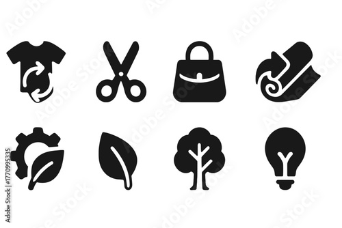 Eco-friendly fashion, recycling solid icon set. Sustainable style and nature icons