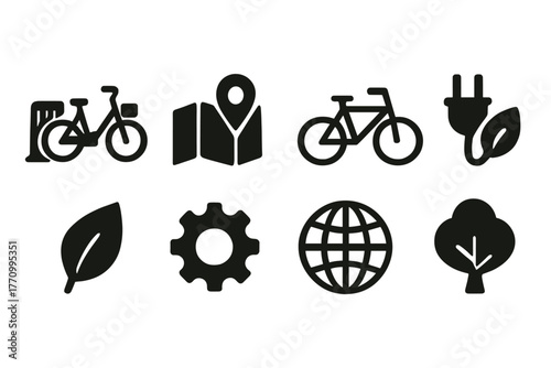 Eco-friendly transportation solid icon set. Green travel, sustainability symbols collection