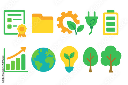 Eco-friendly, environment flat icon set: sustainability, green energy, nature, conservation
