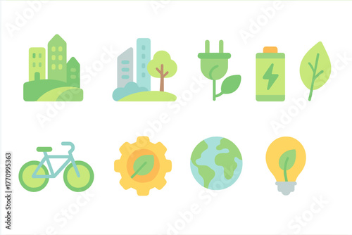 Eco-friendly, sustainable flat icon set. Green energy, nature conservation icons
