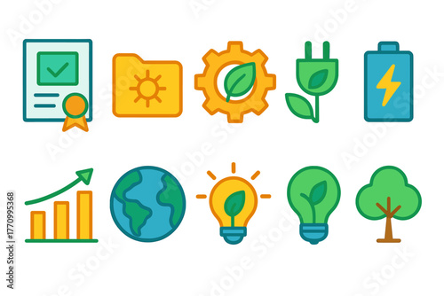 Eco-friendly, sustainability flat icon set. Green energy, nature conservation graphics