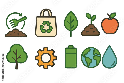 Eco-friendly, sustainability flat icon set. Recycle, nature, earth conservation collection