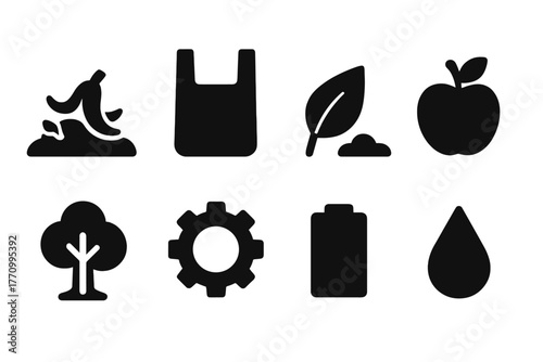 Recycling and environment solid icon set: waste, nature, sustainability symbols
