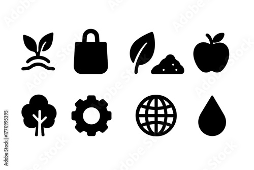 Eco-friendly solid icon set. Environment, nature, sustainability symbols collection.