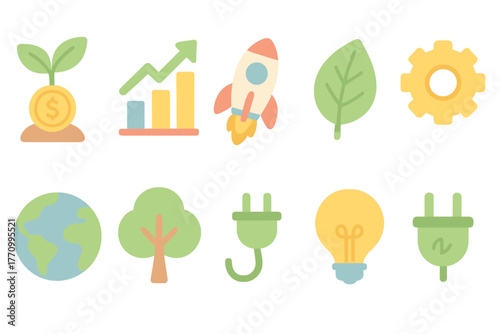 Eco-friendly, renewable energy flat icon set. Nature, sustainability, environment icons.