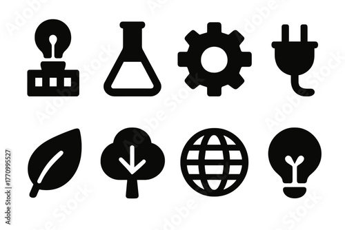 Energy, nature, technology solid icon set: eco-friendly and power icons collection