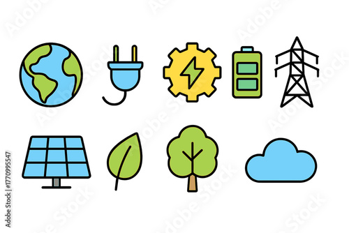 Energy, environment flat icon set. Renewable resources and nature icons collection