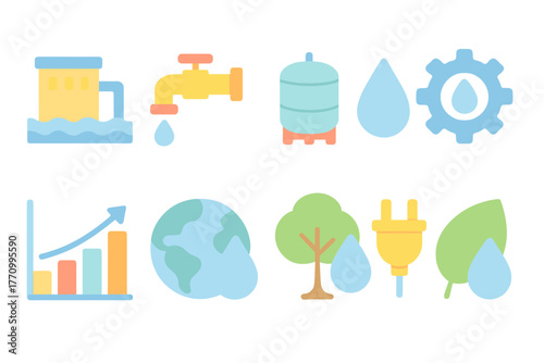 Sustainability and environment flat icon set. Water, energy, nature symbols collection