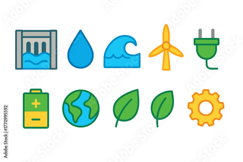 Renewable energy flat icon set. Clean energy, eco-friendly symbols collection