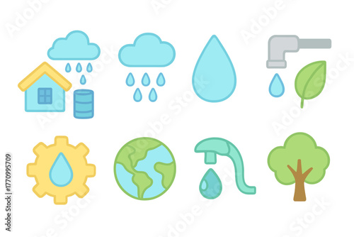 Water conservation flat icon set. Environment, sustainability, eco-friendly symbols.