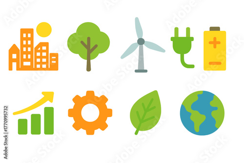 Eco-friendly energy flat icon set: solar, wind, renewable, sustainability symbols