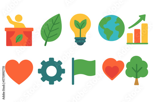 Environment and business flat icon set. Sustainable growth, eco-friendly solutions.