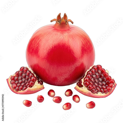 Fresh whole and cut pomegranate with vibrant red seeds, isolated for a clean presentation.. PNG Transparent Icon