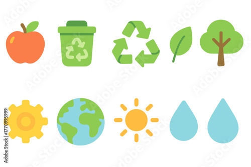 Eco-friendly flat icon set: sustainability, recycling, nature symbols collection