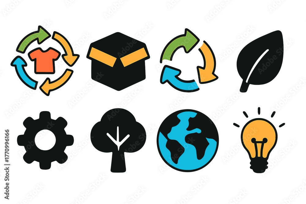 Obraz premium Sustainability, environment flat icon set. Eco-friendly, recycling, green icons collection