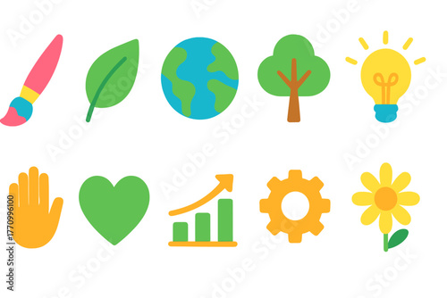 Sustainability flat icon set. Eco-friendly, nature conservation, green energy icons.