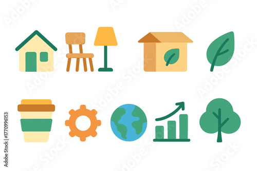 Eco lifestyle flat icon set. Green living, sustainability and environmental icons