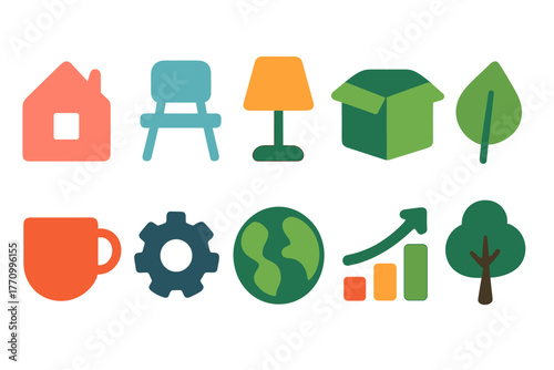 Home and office flat icon set. Essentials for daily living and work spaces.