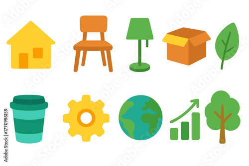Eco-friendly, home icons flat set. Sustainability, nature icon collection