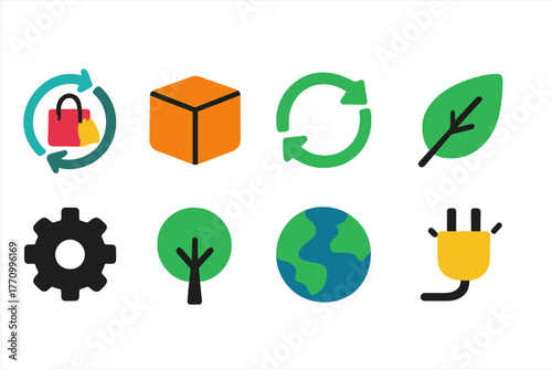 Eco-friendly, sustainability flat icon set. Green, renewable energy and nature symbols