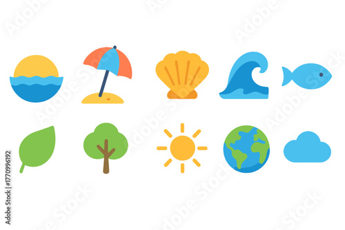 Nature, environment flat icon set. Eco-friendly icons with beach, tree, sun, and more