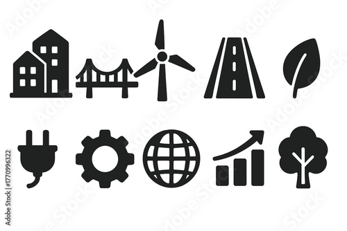 Sustainable energy solid icon set. Eco-friendly and renewable resources symbols
