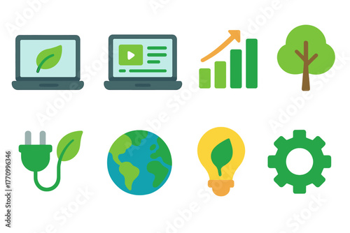 Eco-friendly technology flat icon set. Sustainability, green energy icons flat collection