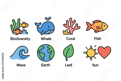 Biodiversity, ocean flat icon set. Marine life, nature conservation icons collection