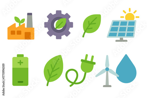 Eco-friendly energy flat icon set. Green power, renewable resources illustrations.