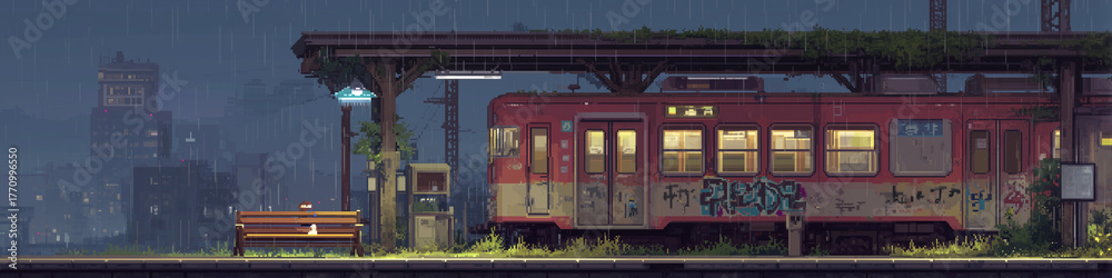 Obraz premium Empty Urban Train Station at Night with Graffiti and Rain, pixel art scene 