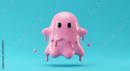 Playful pink blob character with melting drips and big eyes, floating in vibrant cyan space, evoking fun and creativity for modern designs