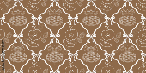 Refined Galette des Rois seamless pattern with crowns, pastries, apples, and bows with a white outline on a brown kraft background in coquette style. For packaging, wrapping paper and Epiphany design 