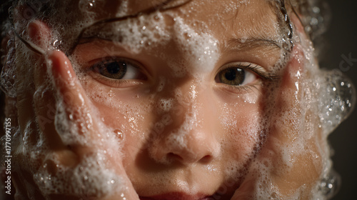 child face with soap bubbles close-up 