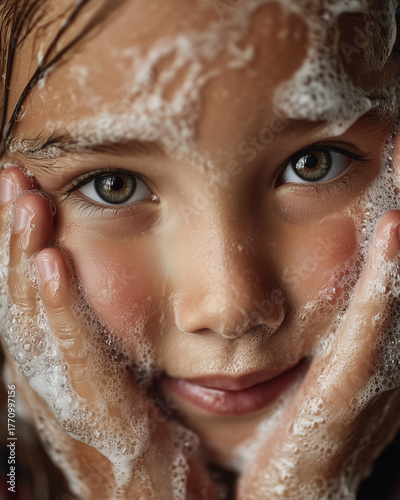 young girl washing face with bubbles 