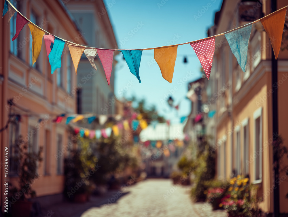 Obraz premium Small Town Street Decorated with Colorful Fabric Flags Hanging Between Buildings Sunny Afternoon Warm Tones Shallow Depth of Field Photography