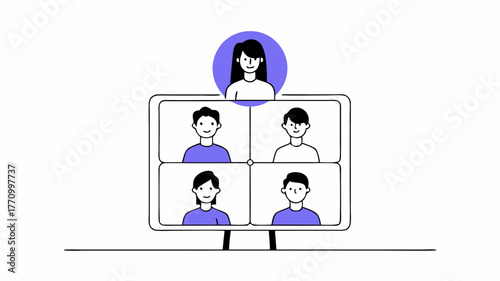 An illustration of a digital meeting platform with diverse participants displayed on a grid showcasing smiles and engaged expressions representing inclusivity through virtual