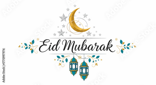 Wish your loved ones Eid Mubarak with this celebratory moon and star design, perfect for greetings, social media, and holiday promotions
