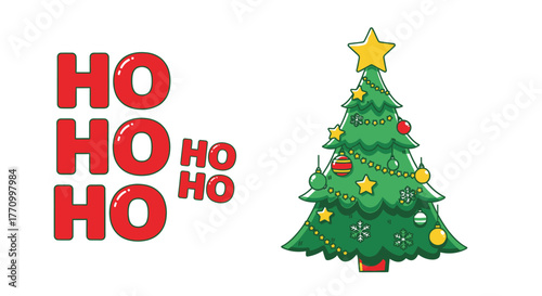 Christmas tree with 'Ho Ho Ho' text against a white background.